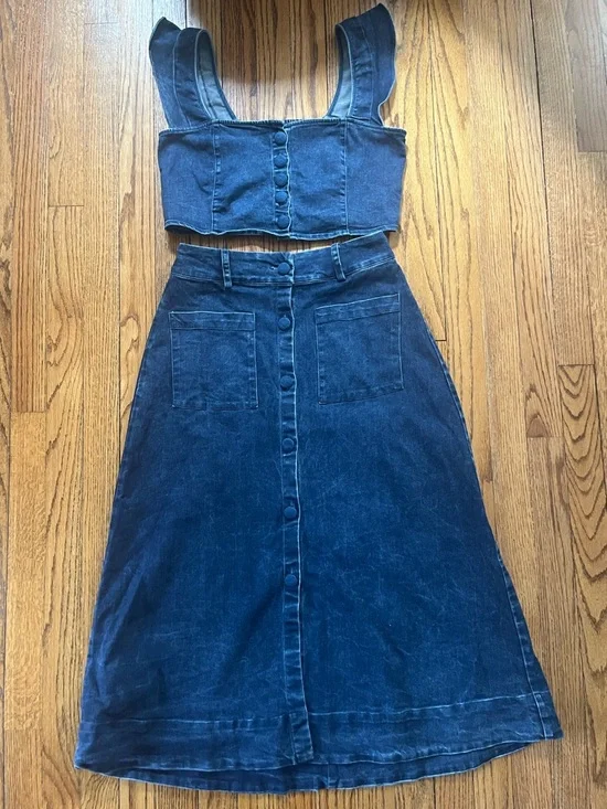 Free People Denim Skirt & Top Set Indigo Womens Size S Buttons Ruffles Festival - Picture 1 of 9